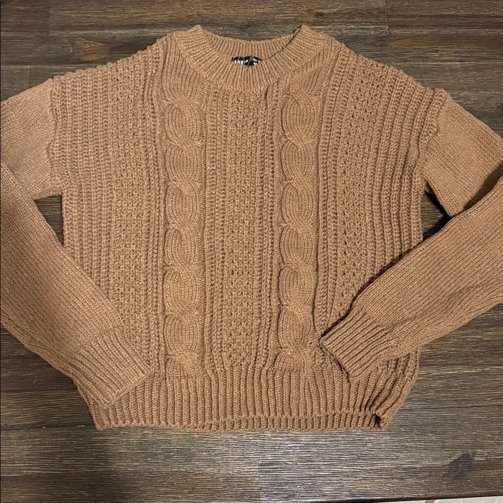 SHEIN Cable Knit Crewneck Sweater in Warm Brown